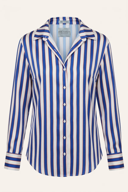Striped Sateen Shirt - Blue - Front