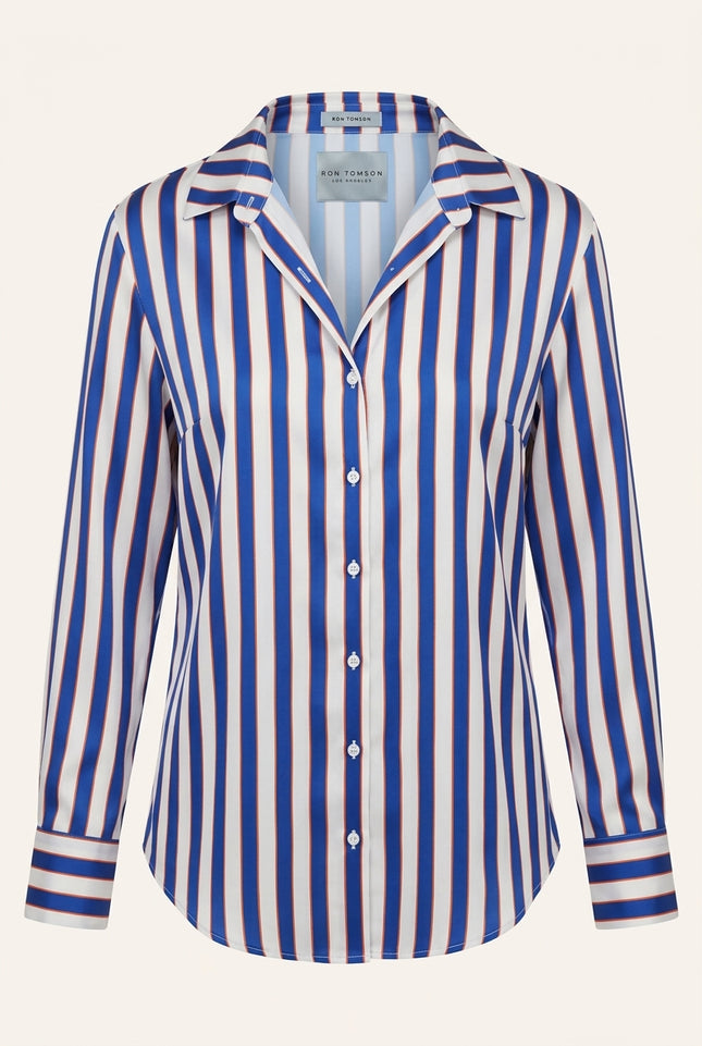 Striped Sateen Shirt - Blue - Front