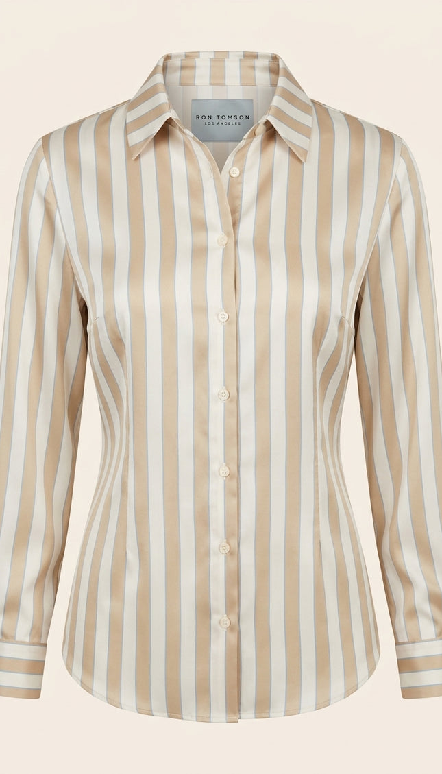 Striped Sateen Shirt - Beige - Front