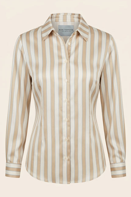 Striped Sateen Shirt - Beige - Front