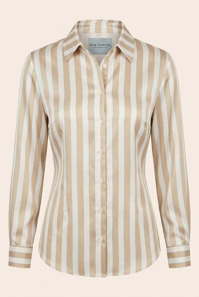 Striped Sateen Shirt - Beige - Front
