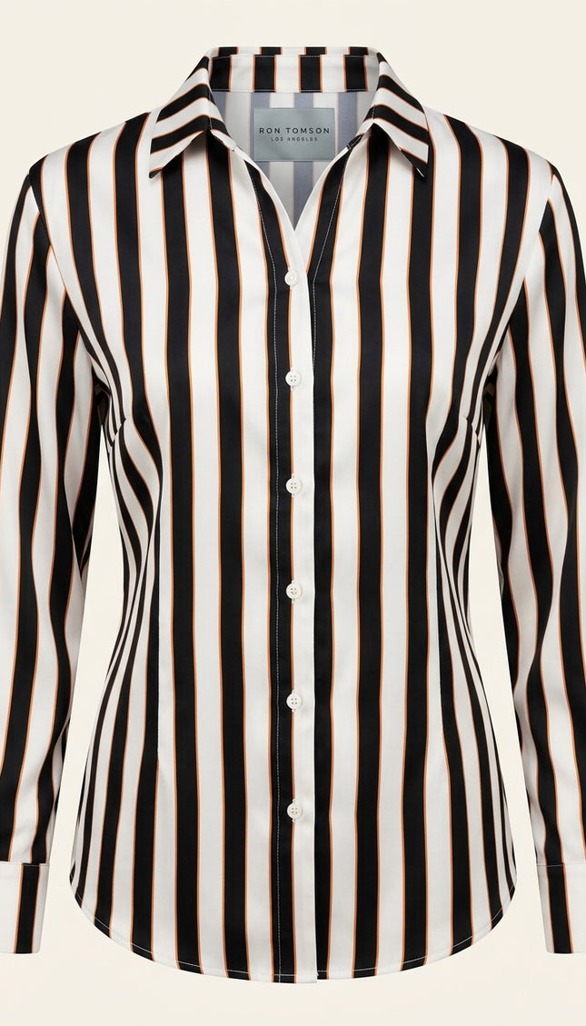Striped Sateen Shirt - Black - Front
