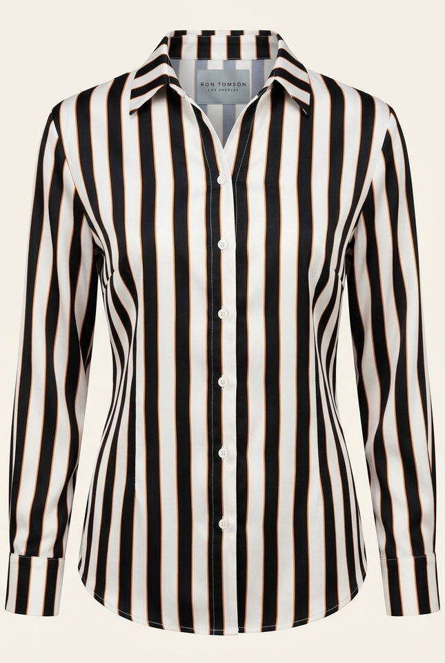 Striped Sateen Shirt - Black - Front