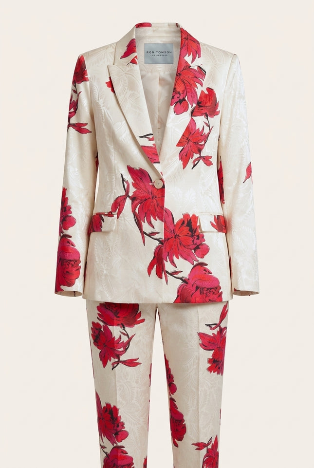 Floral Single Button Suit - White Pink - Front