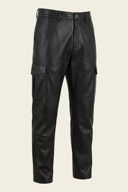 Genuine Leather Cargo Pants - Black