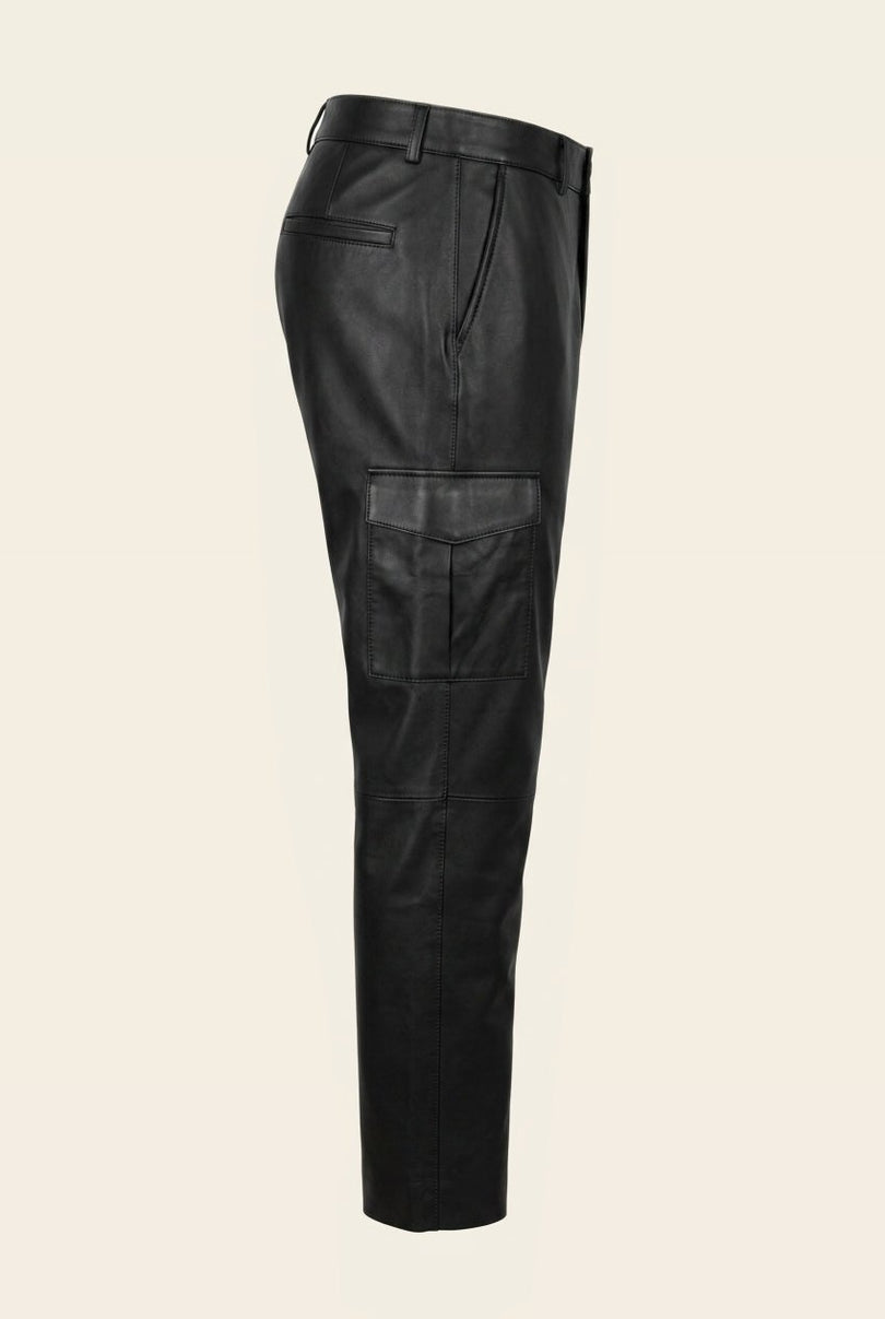 Genuine Leather Cargo Pants - Black