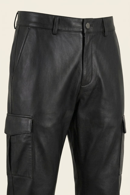 Genuine Leather Cargo Pants - Black - Detail