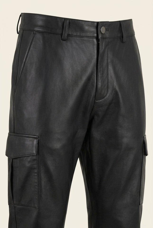 Genuine Leather Cargo Pants - Black - Detail