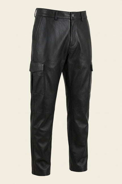 Genuine Leather Cargo Pants - Black - Front