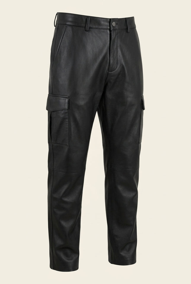 Genuine Leather Cargo Pants - Black - Front