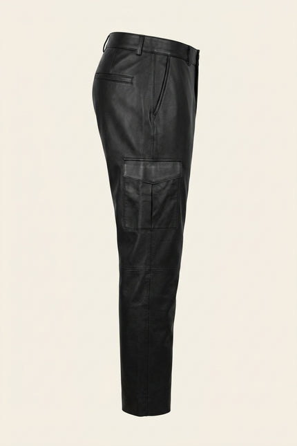 Genuine Leather Cargo Pants - Black - Side