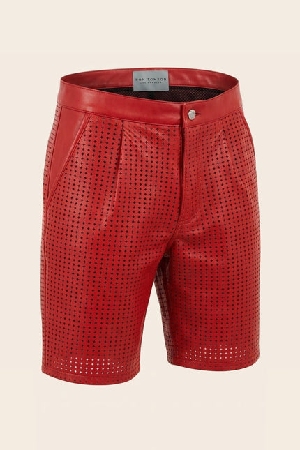 Perforated Cut-Out Leather Shorts - Red