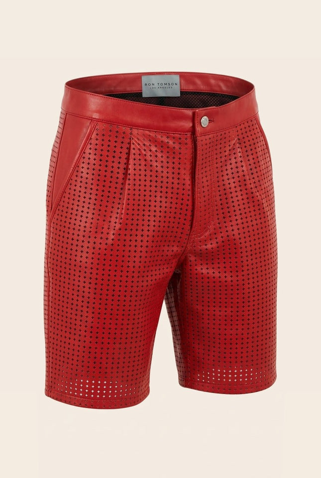 Perforated Cut-Out Leather Shorts - Red