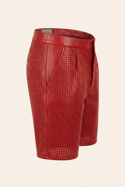 Perforated Cut-Out Leather Shorts - Red