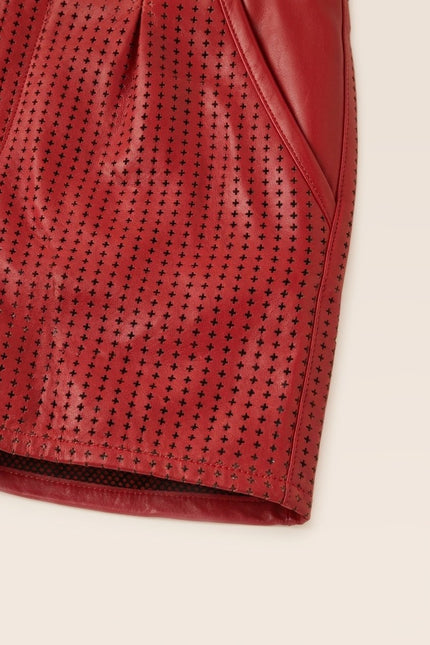 Perforated Cut-Out Leather Shorts - Red
