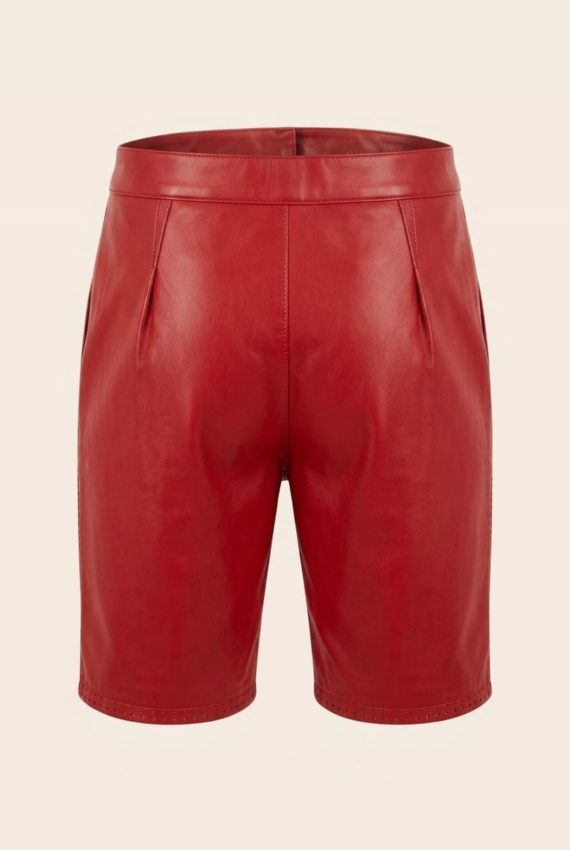 Perforated Cut-Out Leather Shorts - Red