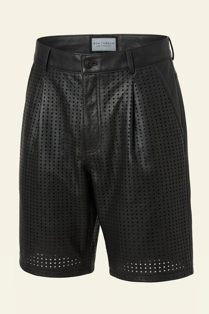 Perforated Cut-Out Leather Shorts - Black