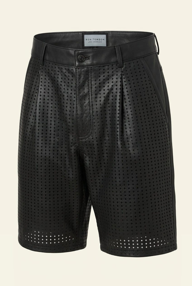 Perforated Cut-Out Leather Shorts - Black