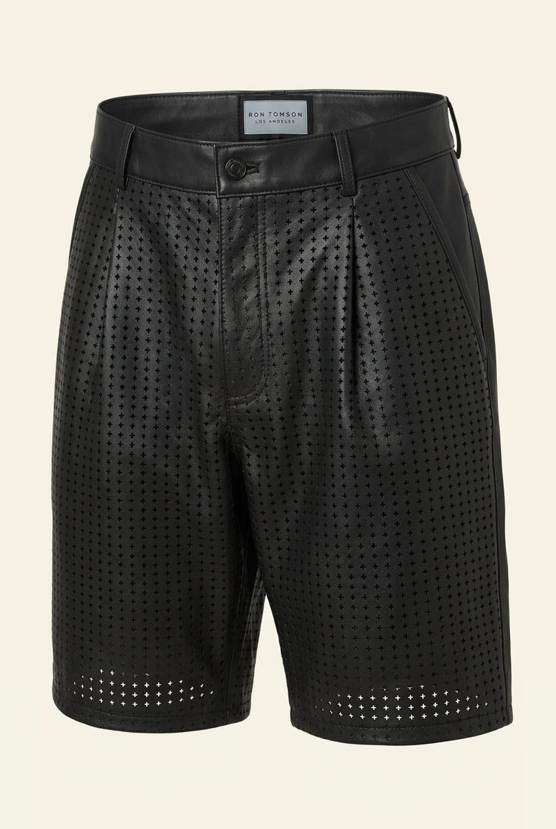 Perforated Cut-Out Leather Shorts - Black