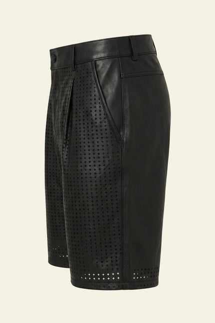 Perforated Cut-Out Leather Shorts - Black