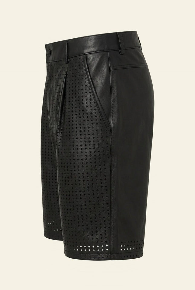 Perforated Cut-Out Leather Shorts - Black