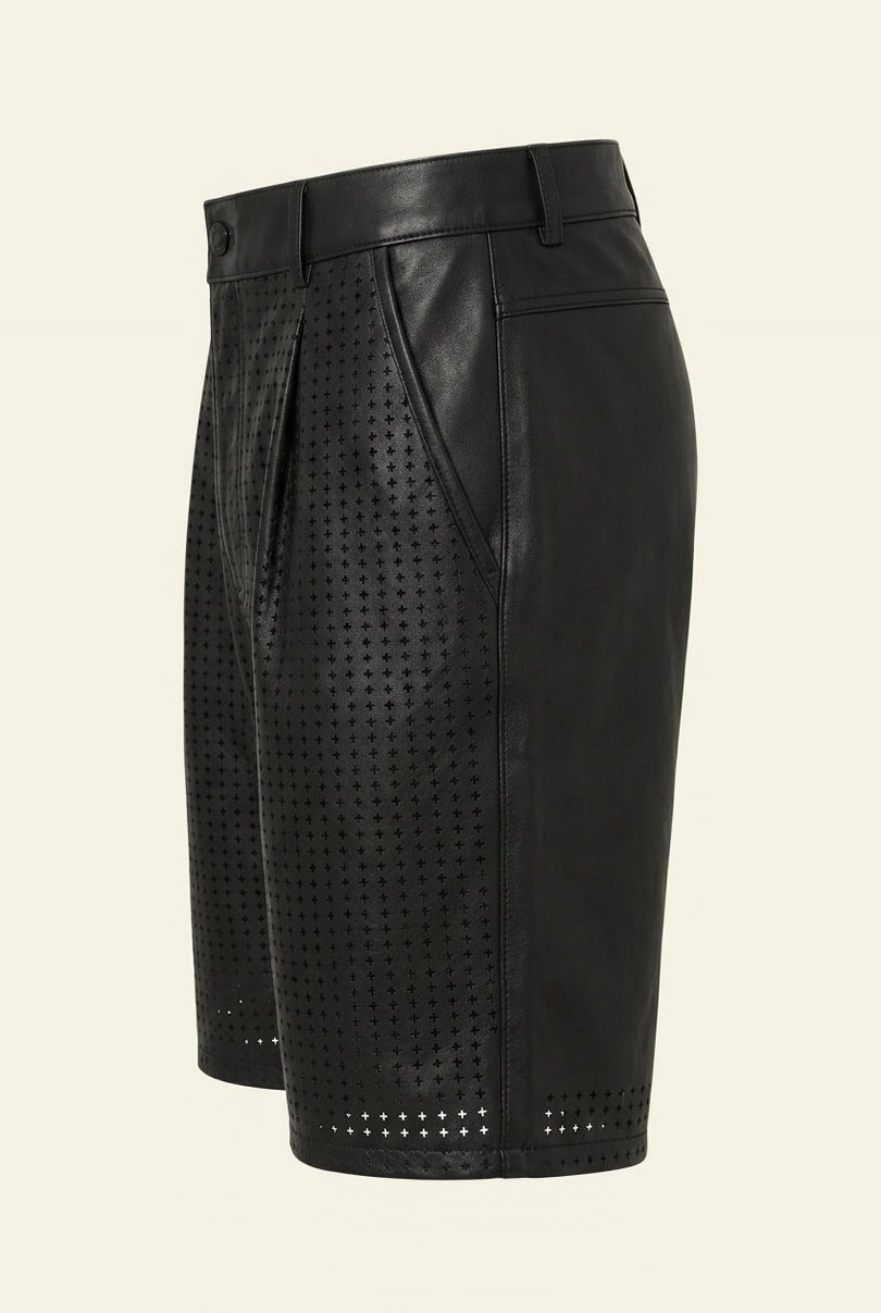 Perforated Cut-Out Leather Shorts - Black