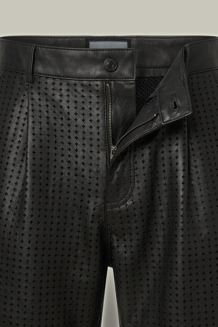 Perforated Cut-Out Leather Shorts - Black