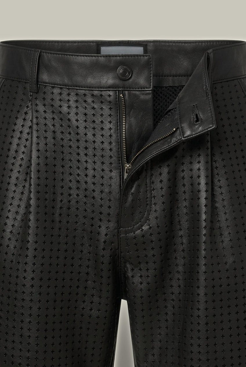 Perforated Cut-Out Leather Shorts - Black