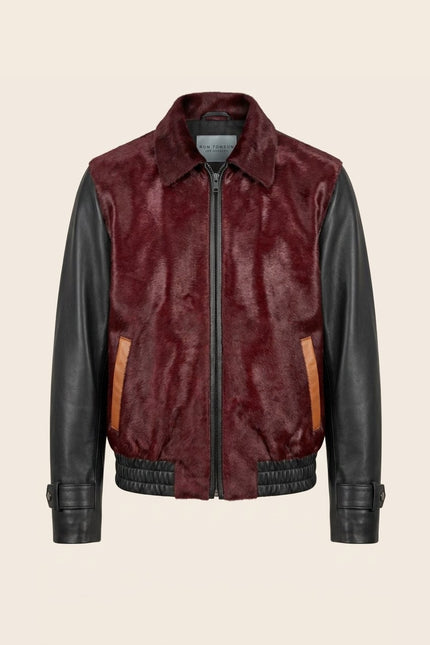 Men's Calf Hair Leather Jacket - Burgundy Black