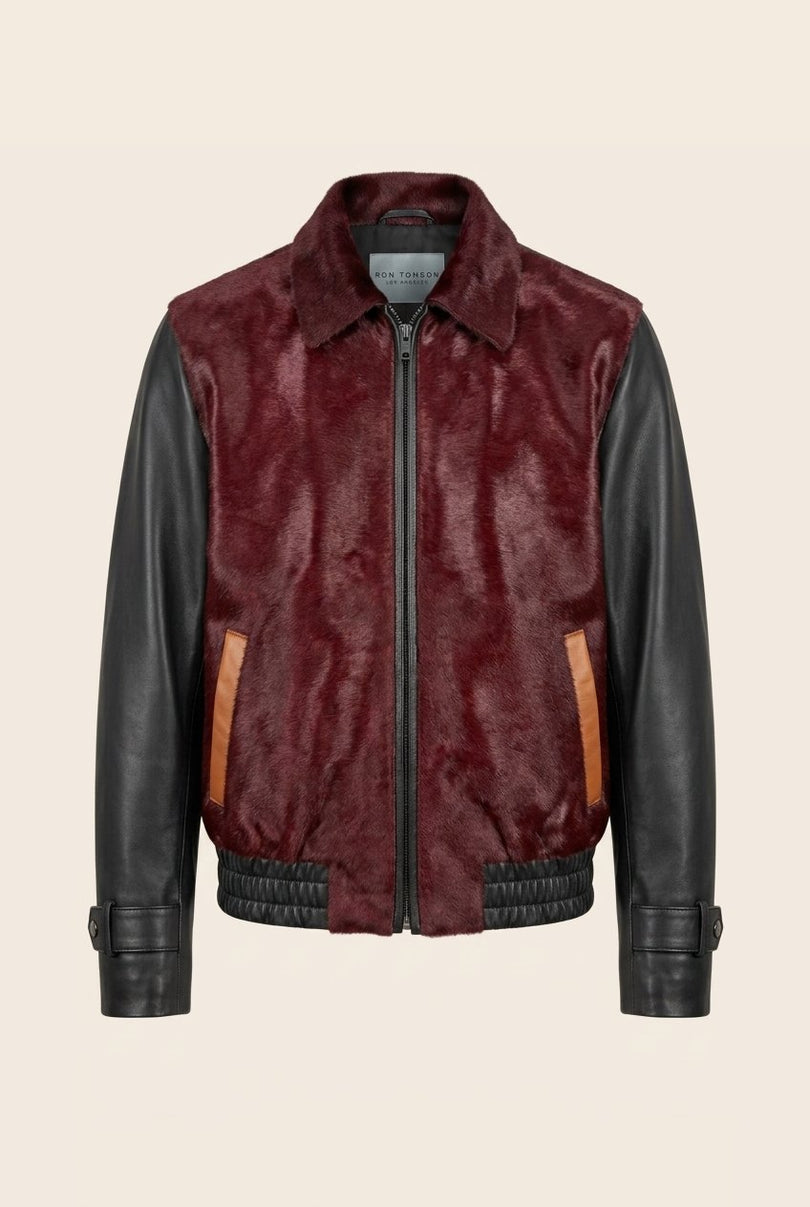 Men's Calf Hair Leather Jacket - Burgundy Black