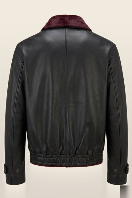 Men's Calf Hair Leather Jacket - Burgundy Black