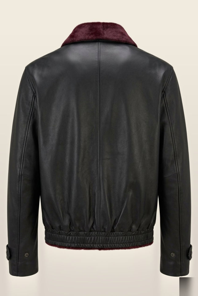 Men's Calf Hair Leather Jacket - Burgundy Black