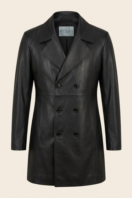 Double-Breasted Leather Peacoat - Black
