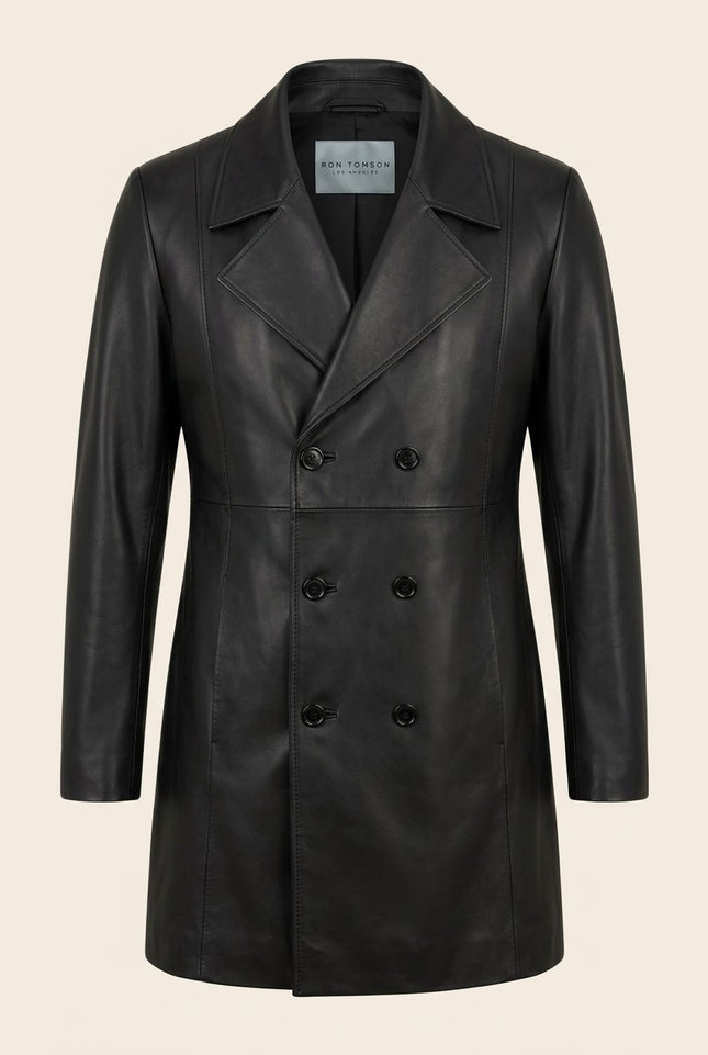 Double-Breasted Leather Peacoat - Black