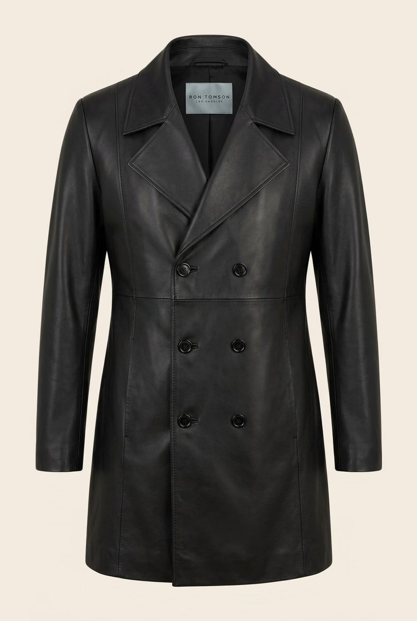Double-Breasted Leather Peacoat - Black