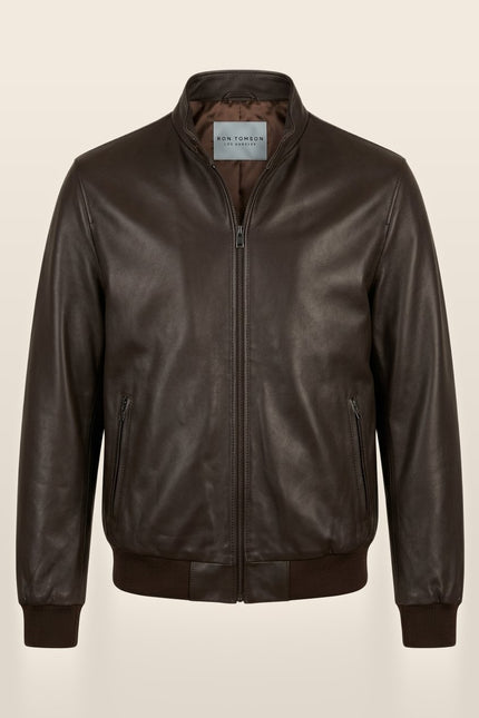 Men's Leather Bomber Jacket - Dark Brown