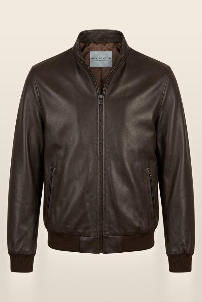 Men's Leather Bomber Jacket - Dark Brown