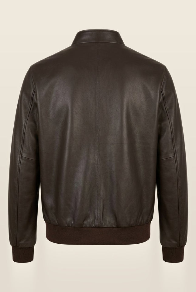 Men's Leather Bomber Jacket - Dark Brown