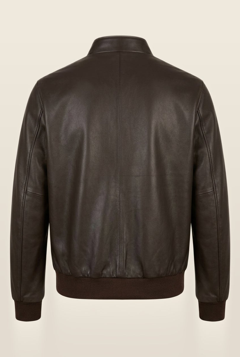 Men's Leather Bomber Jacket - Dark Brown