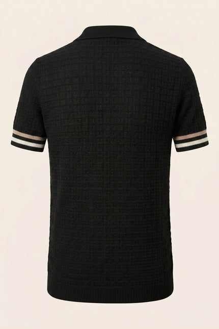 Waffled Short Sleeve Polo Shirt - Black - Back
