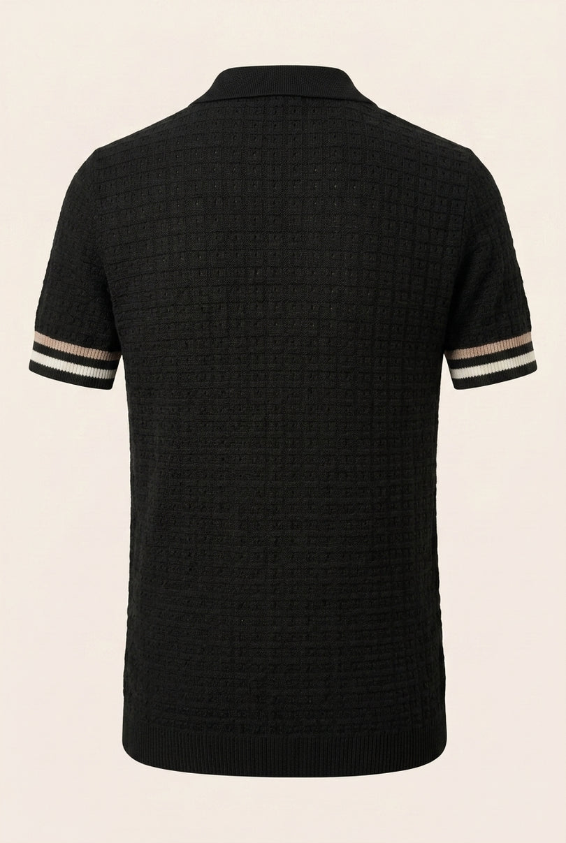 Waffled Short Sleeve Polo Shirt - Black - Back