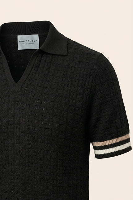 Waffled Short Sleeve Polo Shirt - Black - Detail