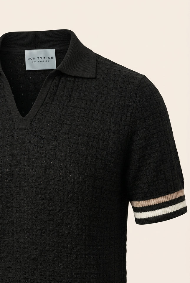 Waffled Short Sleeve Polo Shirt - Black - Detail