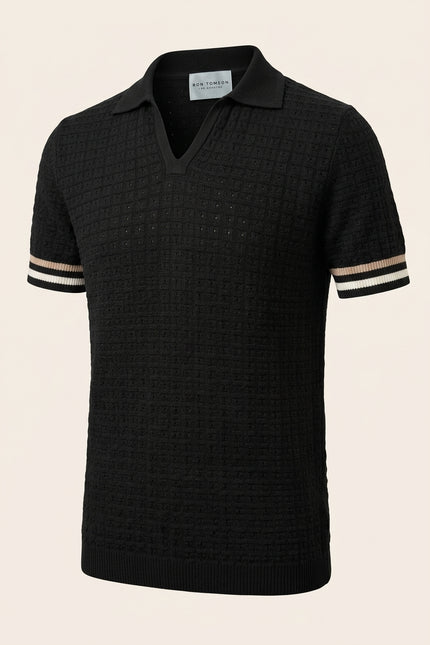 Waffled Short Sleeve Polo Shirt - Black - Front