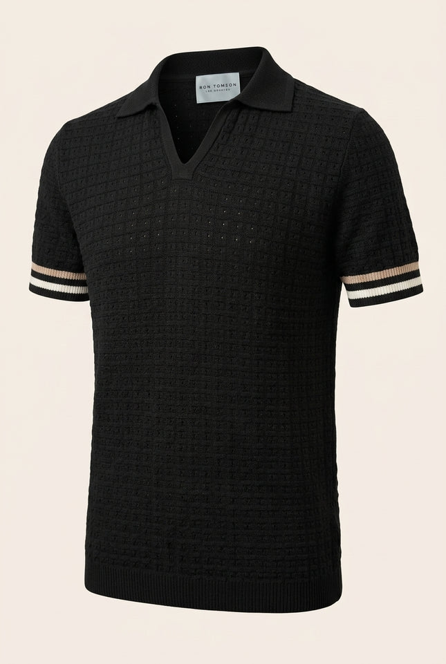 Waffled Short Sleeve Polo Shirt - Black - Front