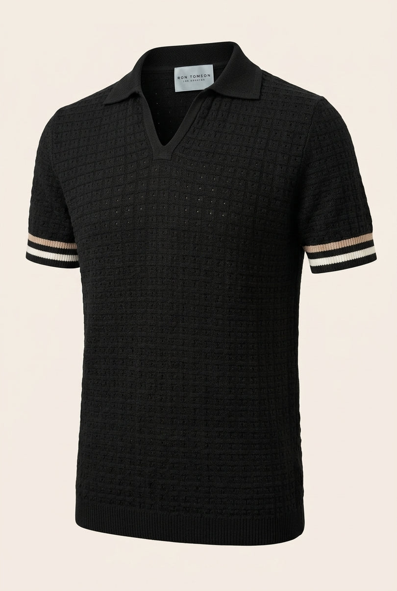 Waffled Short Sleeve Polo Shirt - Black - Front