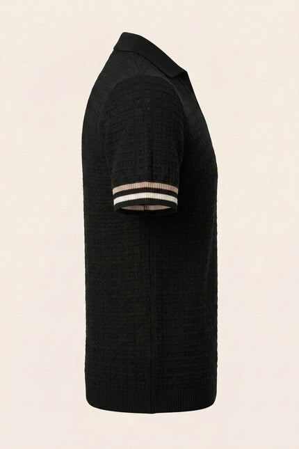 Waffled Short Sleeve Polo Shirt - Black - Side