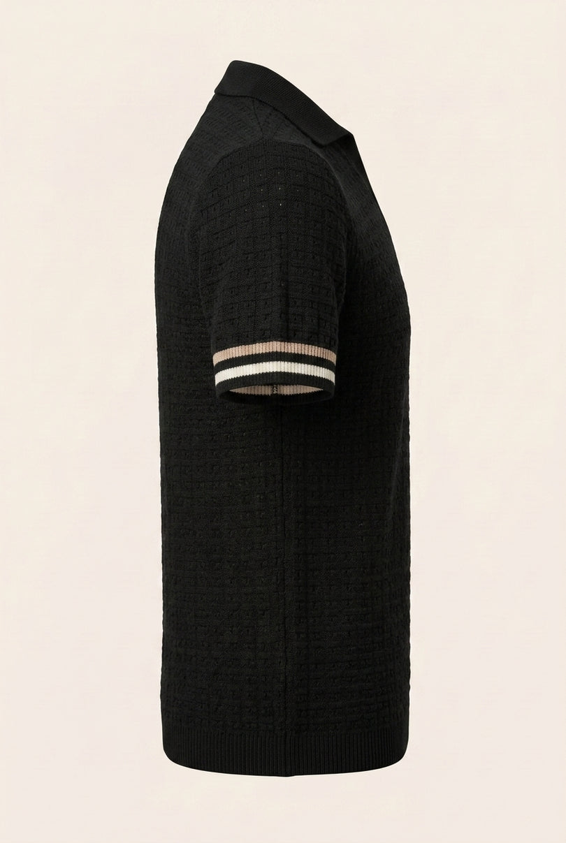 Waffled Short Sleeve Polo Shirt - Black - Side