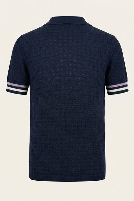 Waffled Short Sleeve Polo Shirt - Navy - Back