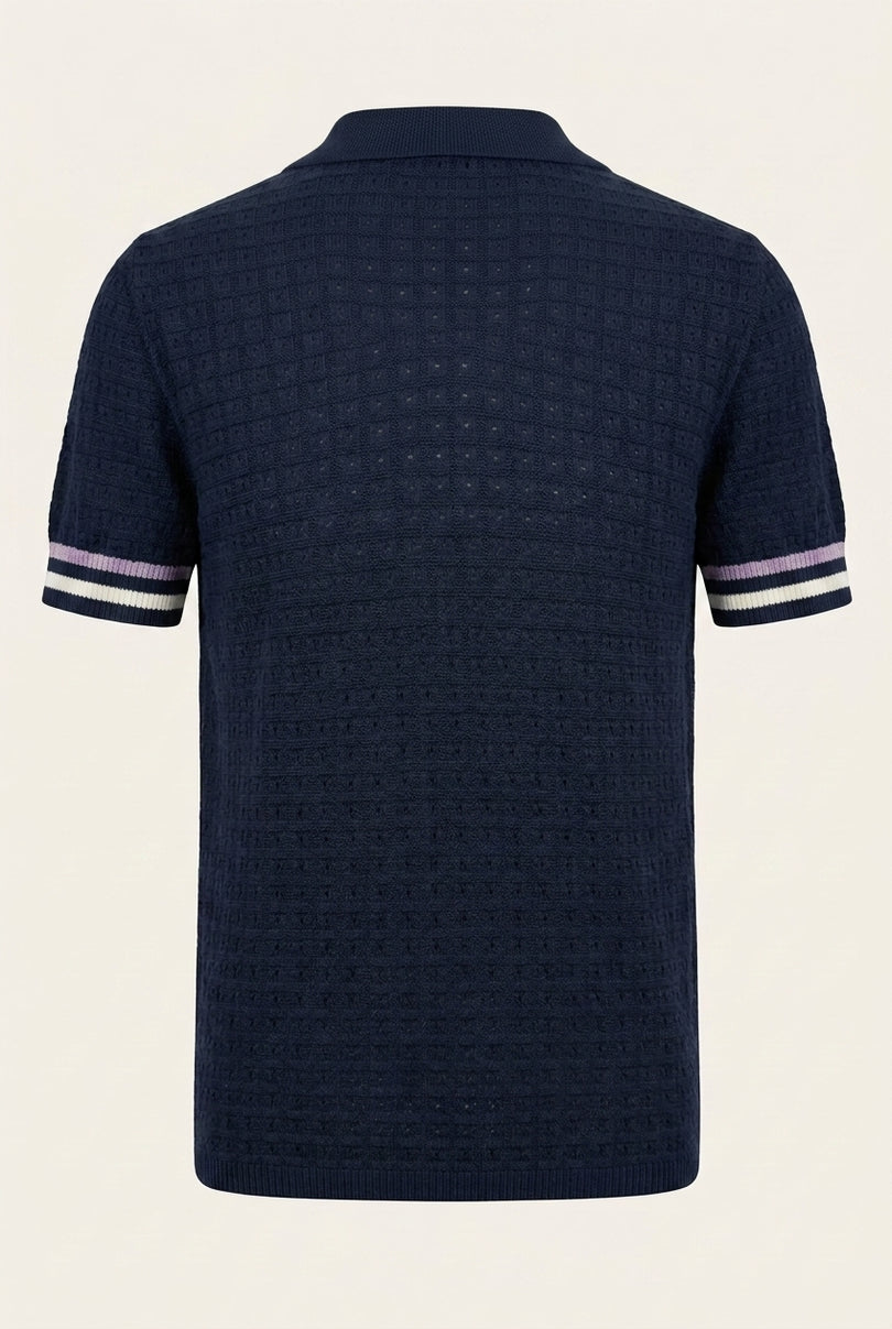 Waffled Short Sleeve Polo Shirt - Navy - Back